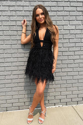 Black Homecoming Dress Sequin Feathers A-Line Short Prom Dress